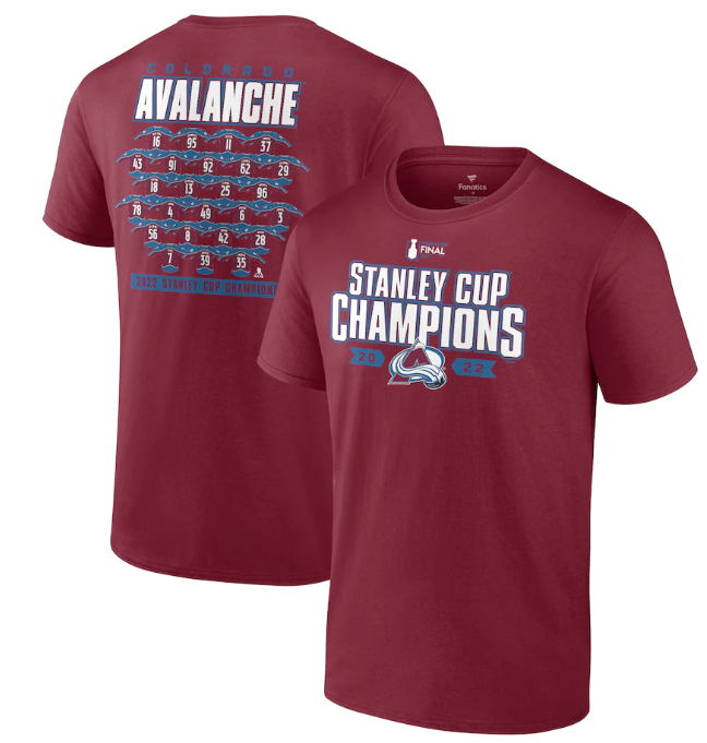 Men's Colorado Avalanche Burgundy 2022 Stanley Cup Champions Jersey Roster T-Shirt Men's Colorado Avalanche Burgundy 2022 Stanley Cup Champions Jersey Roster T-Shirt